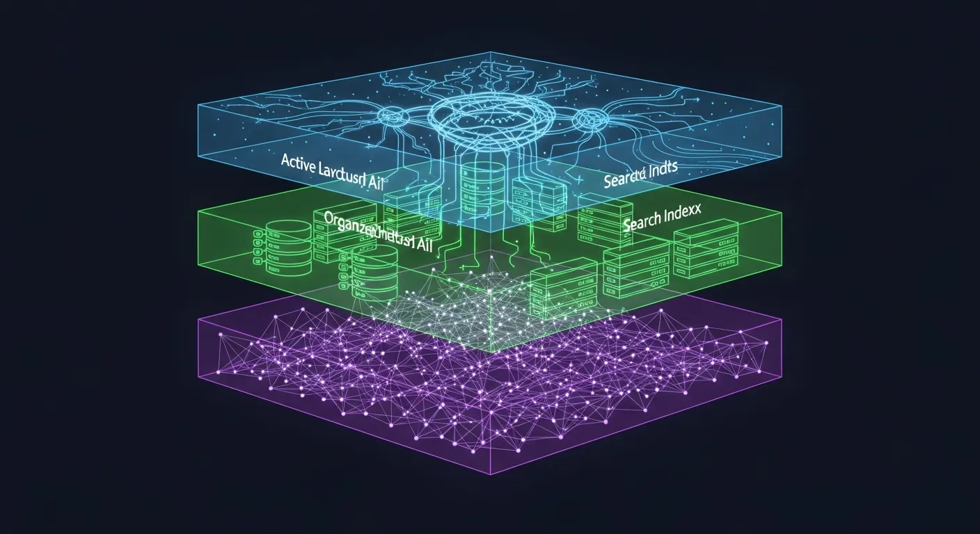 A layered memory architecture for AI — three glowing tiers of working memory, session storage, and long-term semantic memory