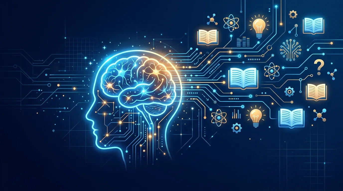 A glowing brain connected to books and knowledge symbols through digital pathways