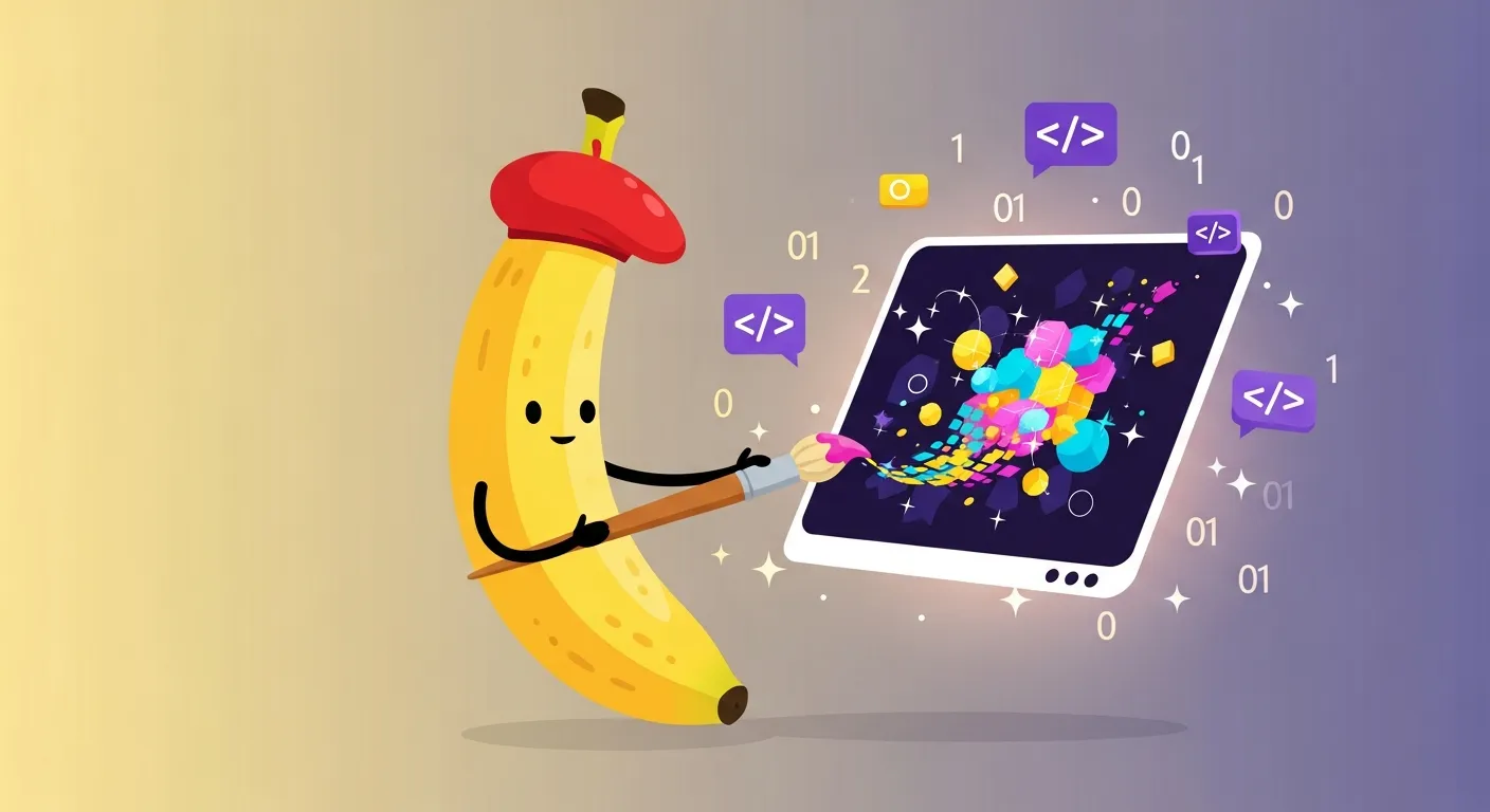 A cartoon banana wearing a beret, painting on a tablet surrounded by code symbols
